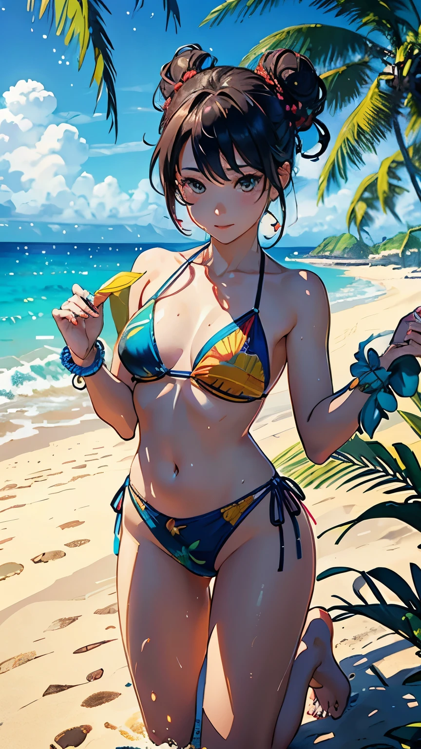 [ 4K digital art ]、((highest quality, masterpiece, High resolution))、((anime art))、 ((reality))、beautiful japanese woman、((1 woman))、18-year-old、((soak up to your knees in the sea))、(Detailed depiction of a beautiful face)、smile gently、small breasts、slim body shape、medium short hair、semi-long、bun hair、Wet see-through bikini、(Wrap your waist in fabric with bold ethnic patterns and plenty of primary colors.)、realistic skin、Wet、full body、No zoom、No close-ups、(Beautiful tropical beach landscape photography)、cinematic light、tropical、(flowers on the beach)、Against the background of palm trees、on a sunny beach、With the sea in the background、squall、rainbow、blur background、