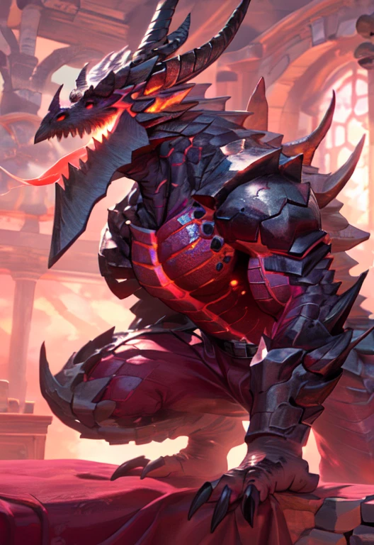 dragon, depth of field, perfect lighting, (La best quality), (super detailed),sharp focus, best quality, in dungeon, In an old bed, Detailed background, Smile, blush, muscular body, Strong body,Belt wear, (best quality, high quality),alone, (muscular), Bright scales, (Kamimei):1.3, (Common:1.4) ,exquisite eyes, Sticking out tongue,(glowing wings eyes):1.1, Squatting on the bed,dim,enjoy,obsessed, Face turned red,Smile,enjoy,looking at camera,Detailed background,realistically,realistic hand,8k high dynamic range,(shadow,wide dynamic range,high dynamic range,emphasize:1.2)
