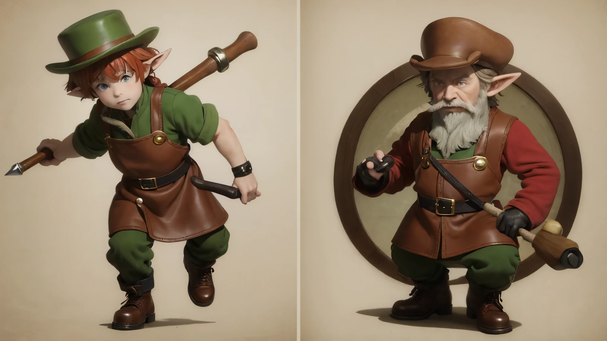 (master piece), 8k, best quality, Leprechaun, diminutive little man, male, typical is 1 meter tall, red hair, wrinkled skin, thick nose, brown eyes and pointed elf ears, which denote his magical nature, green clothes, often accompanied by a red cap, a strange three-pointed hat, which adds a touch of mystery to their appearance. A leather apron and buckled shoes complete her signature attire. They always keep with them a pipe, a small old and worn hammer, indicating their skills as craftsmen and engineers.