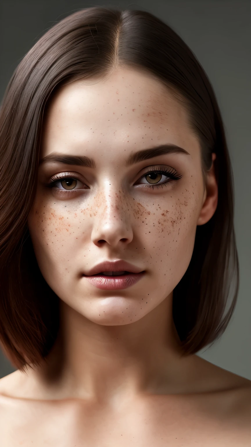 beautiful lady, freckles, dark makeup, hyperdetailed photography, soft light, head and breast portrait,, best quality, (detail skin texture, ultra-detailed body:1.1), perfect breast, closeup portrait, ((snoopy breast, naked)) , dark atmosphere, highly detailed skin texture, extreme details,