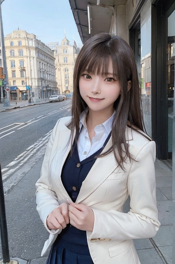 masterpiece, highest quality, High resolution,super detailed, amazingly beautiful woman,1girl, (beautiful girl, Delicate girl:1.3), (13 years old:1.4), break, (blazer uniform:1.3), break, extremely fine-grained clarity, (symmetrical eyes:1.3), break, (In the city while going to school:1.3), break, small breasts, brown eyes, ponytail, brown hair,, break, (Eye and face details:1.3),A smile that shows off white teeth,
