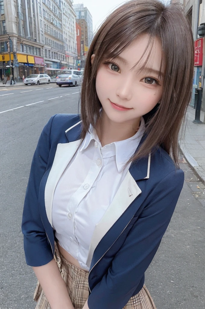 Highest quality、masterpiece、8k、Very detailed、Realistic、(One girl)、(Looking at me with a smile:1.5)、whole body、(Black Hair)、Small face、(Slender:1.2)、(Big Breasts:1.2)、(White business shirt with buttons and a collar:1.2)、(short tight skirt in gray,:1.2)、(Grey business jacket:1.2)