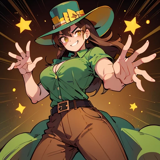 Muscular,women,female,top hat,brown hair,yellow eyes,elegant Green dress,long dress,an exposed leg,smile ,solo,breasts,,dock,bay,(Hypermuscle:1.2),underboob,Marked breasts,sexy