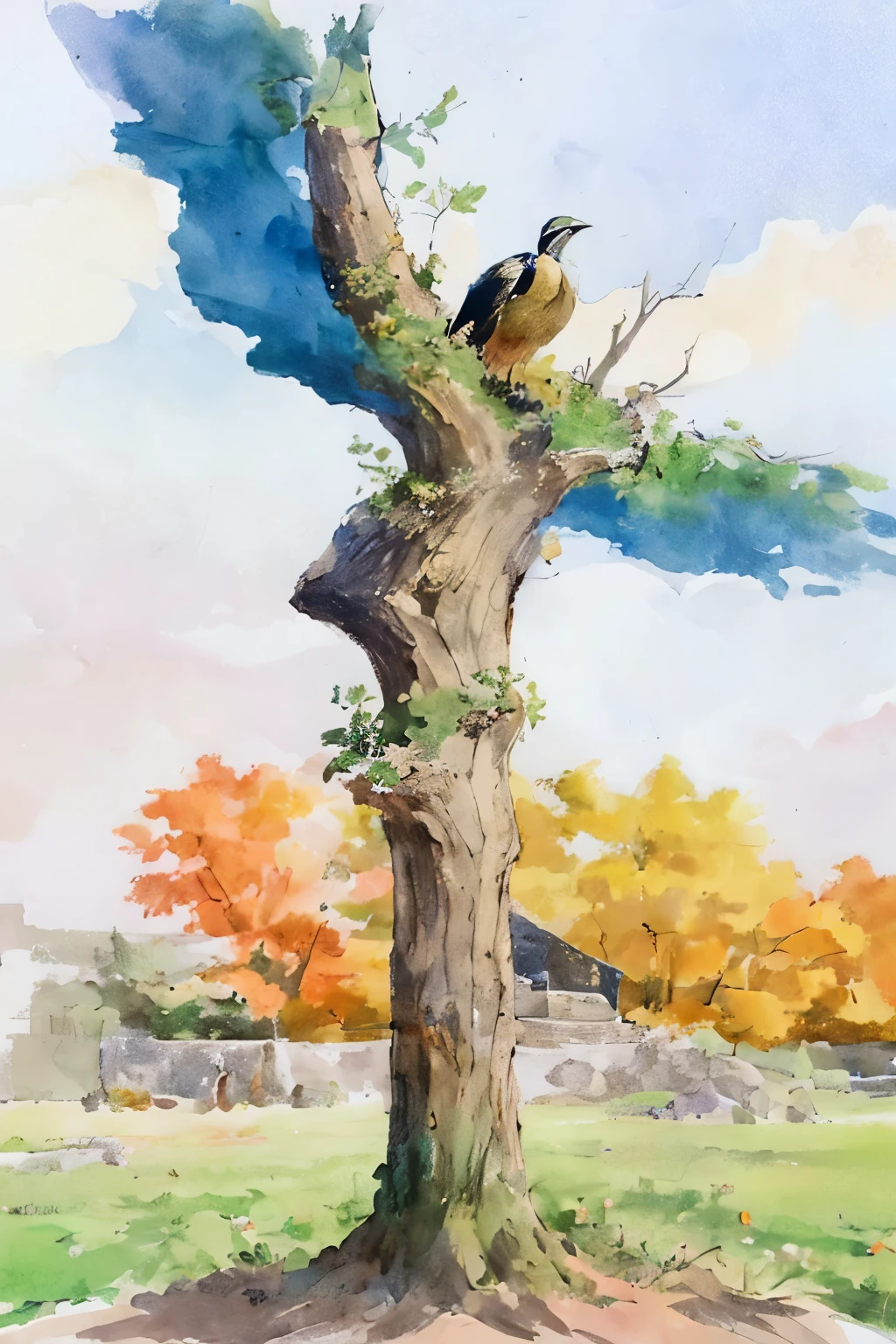 The fruit trees beside the ancient, weathered stone wall are adorned with an array of vibrant blossoms, painting the scene with a palette of captivating colors. The rook, an elegant bird of distinction, perches regally atop the loftiest branch of the venerable elm tree, its dark feathers contrasting sharply against the backdrop of the flower-laden landscape. A gentle breeze rustles the foliage, causing the petals to pirouette gracefully through the air, while the sun casts a warm, golden glow over the idyllic tableau. The scene is rendered with meticulous attention to detail in a masterpiece of Wensheng artistry