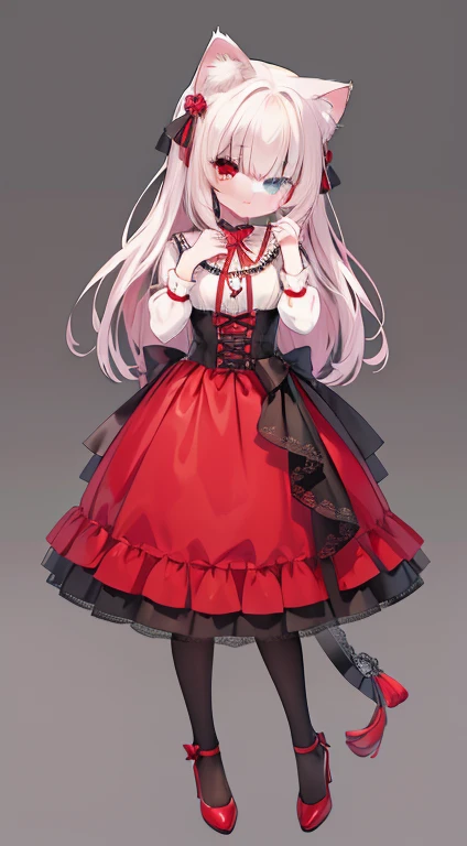wear beautiful clothes(Pure Red ta Skirt),heteropupil,heterochromia,It was cute,cat ears,coda,tied with ball head,Hair tying,mitt,lace pantyhose,red high heel pumps,역동적인 pose,Taking pictures,pose,Sit pose,full body photo