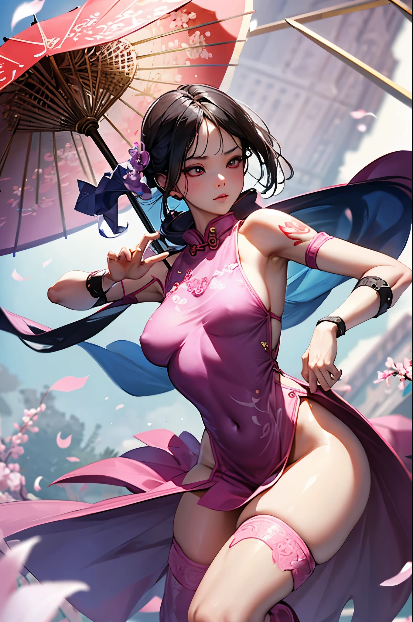 female dancer, silk cheongsam, small breast, perfect body shape, sakura pattern, holding old umbrella, wind effect, naughty face, nipple, mink scarf, masterpieces, best lighting, HD ,16k, best figure, see-though clothes, thigh cloth, corruption tattoo, perfect face detail, camel toe shape, creative clothes, seducing, sexy aura, perfect color combo