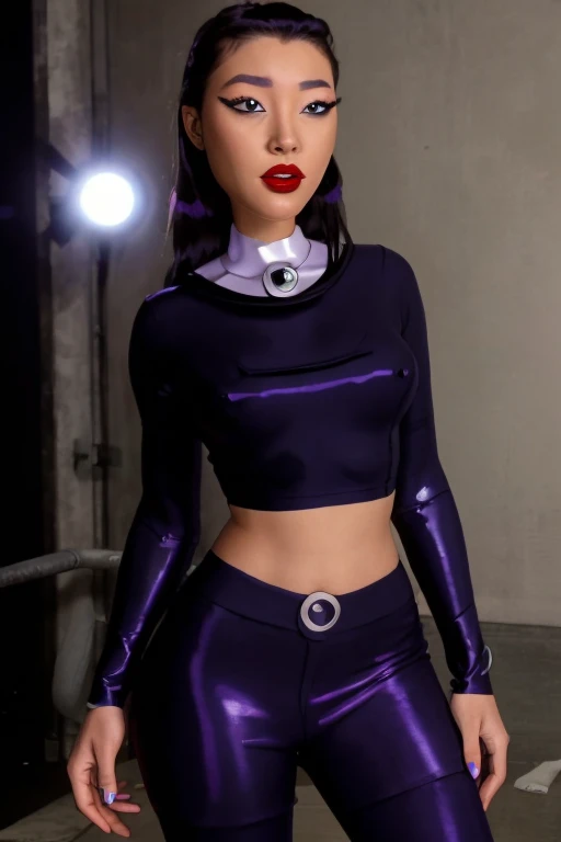masterpiece, best quality, cinematic, volumetric lighting, very detailed, high resolution, sharp, sharp image, 4k, 8k, 35 mm, 1girl, d3a2n2a7-smf, purple glossy latex suit, solo, black hair, , realistic, black eyes, makeup, red lips, lips, lipstick, full body, collarbone, view from forward, spread legs, curly hair, closed mouth, long sleeves, huge breast