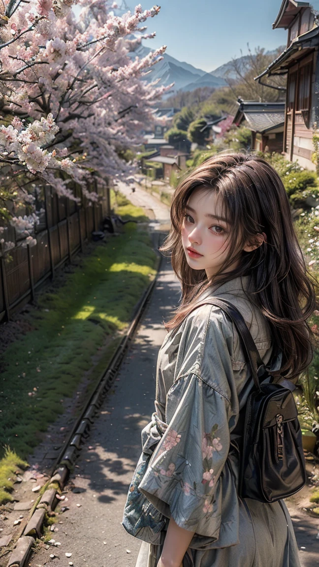 ((masterpiece, best quality, Highest image quality, High resolution, lifelike, original photo, 8K)), spring morning, In a rural town in Japan, Students walk along a road lined with cherry blossom trees to the train station, (view from below:1.3), 