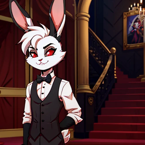 Male. Hell-bunny, Hellish Rabbit, Rabbit, Bunny. Royal Servant. Skinny. Red Eyes, black bunny ears. red ear fur, Fangs. Black Body Fur. Black Short Haircut. Wearing a Black Bowtie, Black Butler Vest, White Button-up Dress Shirt, Black Slacks. Background inside of a Mansion with the character in front of the stairs. Vivziepop Artstyle. Helluva Boss Artstyle, lagomorph, leporid, mammal, rabbit,