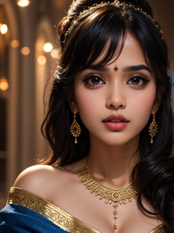  25 years old sexy indian girl round innocent childlike face in mage ta off shoulder top very cute glowing face, innocent face, party girl, drama queen, tantrums,
(ultra realistic,32k, masterpiece:1.2),(high detailed skin:1.1),( high quality:1.1), looking at viewer, (beautifully lit:1.1), blurry background, black puffed bun hair, bangs, (pink lips:0.9), medium breasts:(0.5) mascara, 