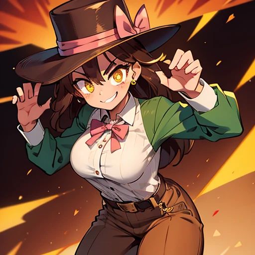 Women,muscular,elegant,brown hair, yellow eyes,Green top hat,manos de luchadora,solo,sonrisa rabiosa,brown pants,Button-up shirt,fighting pose,Open hands towards the viewer ,Belt at the waist ,Mole on the face,Pink ribbon on the hat, lipstick on the mouth, please