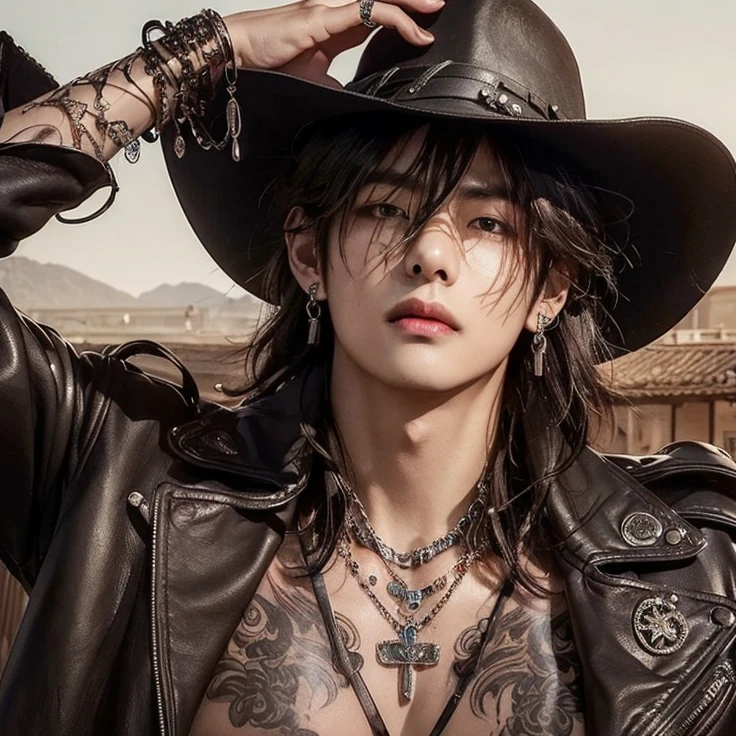 just change the face for kim Taehyung ((Best Quality, 8K, masterpiece: 1.3))、Cool Korean man, 120 year old man、Korean style long hair、((realistic details)) 、Handsome nose, Detailed eyes, detailed face、Beautiful lighting、(studio)、High Resolution、mouth details、whole body: 1.5, perfect body figure: 1.picture of both shoulders:1.3, handsome guy. Accessories : (men's earrings, necklaces, men's rings, men's watches), beautiful androgynous prince, artwork in the style of guweiz, delicate androgynous prince, detailed jacket, male character, black cowboy