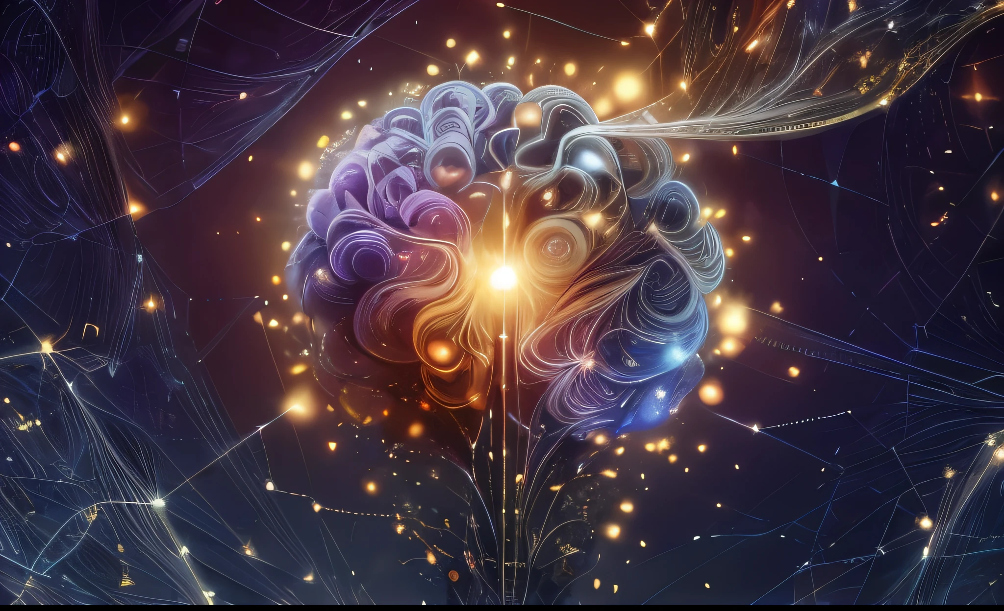 Hd fantastic illustration, Neuro network, idea, creative, 3-dimensional network, brain-storming, grey blue purple dark background, with golden sparks,16:9