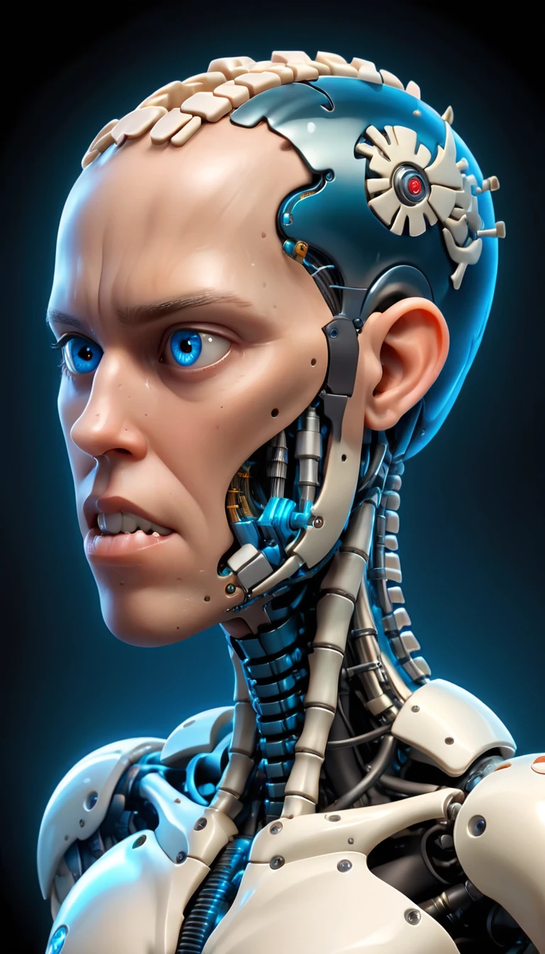 coopie, (Complex Professional 3D rendering:1.3) of (Ultra detailed:1.3) side profile, xray diagram deconstruction of a cyborg brain to machine interface, Highly detailed, Depth, Many parts, Lumen render, 8k x-ray style translucent bald head, clear skin, synthetic bone, blue Xray style on a pure black background,CGSociety,ArtStation