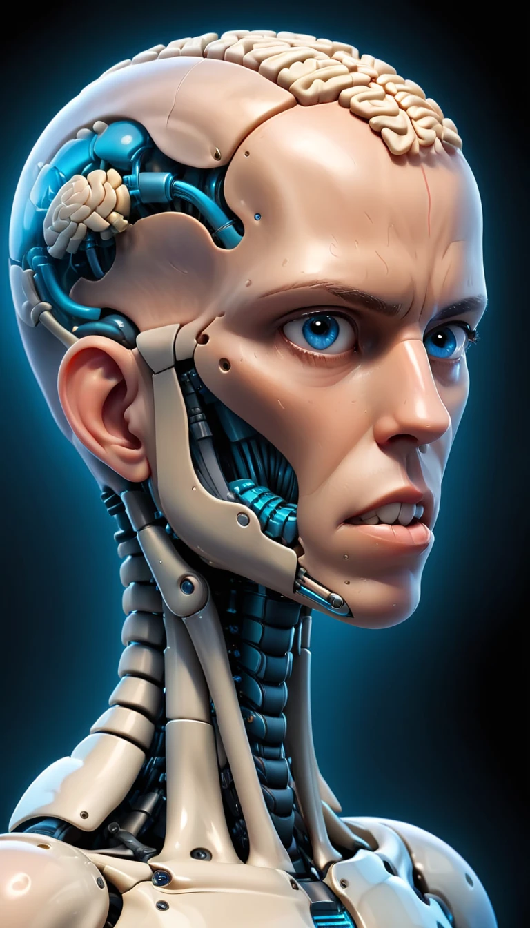 coopie, (Complex Professional 3D rendering:1.3) of (Ultra detailed:1.3) side profile, xray diagram deconstruction of a cyborg brain to machine interface, Highly detailed, Depth, Many parts, Lumen render, 8k x-ray style translucent bald head, clear skin, synthetic bone, blue Xray style on a pure black background,CGSociety,ArtStation