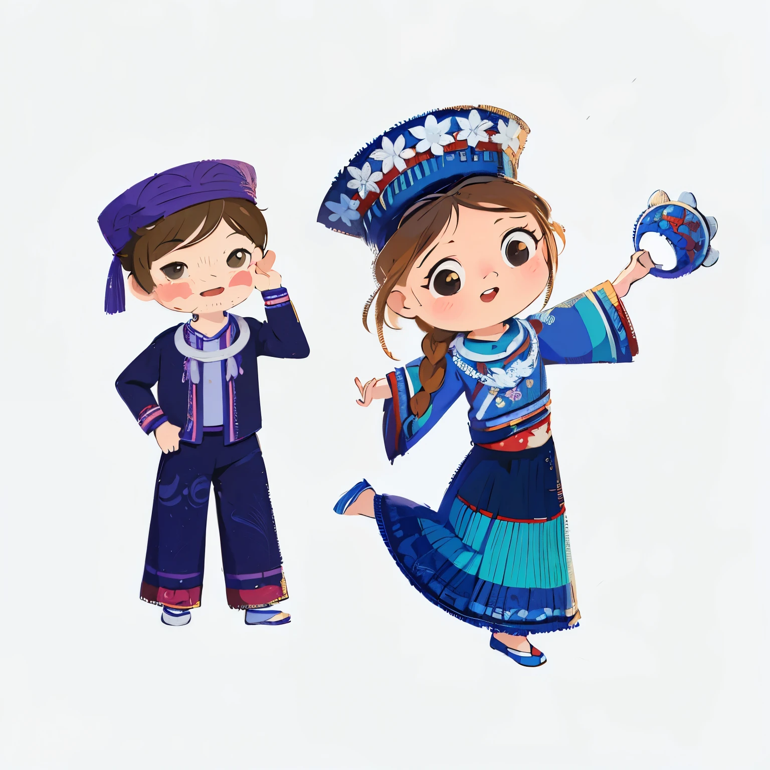 cartoon illustration of a boy and a girl in traditional clothings, Folklore illustrations, traditional clothing, children illustration, traditional clothing, traditional clothing, traditional cut suit, stylized digital illustration, Hanfu, Official illustration, Inspired by Puhua, traditional Chinese clothing, children illustration, HD illustrations, Traditional clothing, traditional Chinese, digital illustration, A beautiful artistic illustration