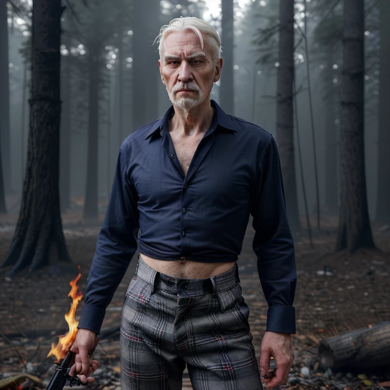 An old man with white hair, a slender face, fierce eyebrows, a prominent nose, a thin figure, wearing a dark blue shirt with no collar, open chest, and a white and red plaid pattern. Torn on the forehead and waist, wearing black flared pants, holding a rifle, standing in the forest with a bonfire. 