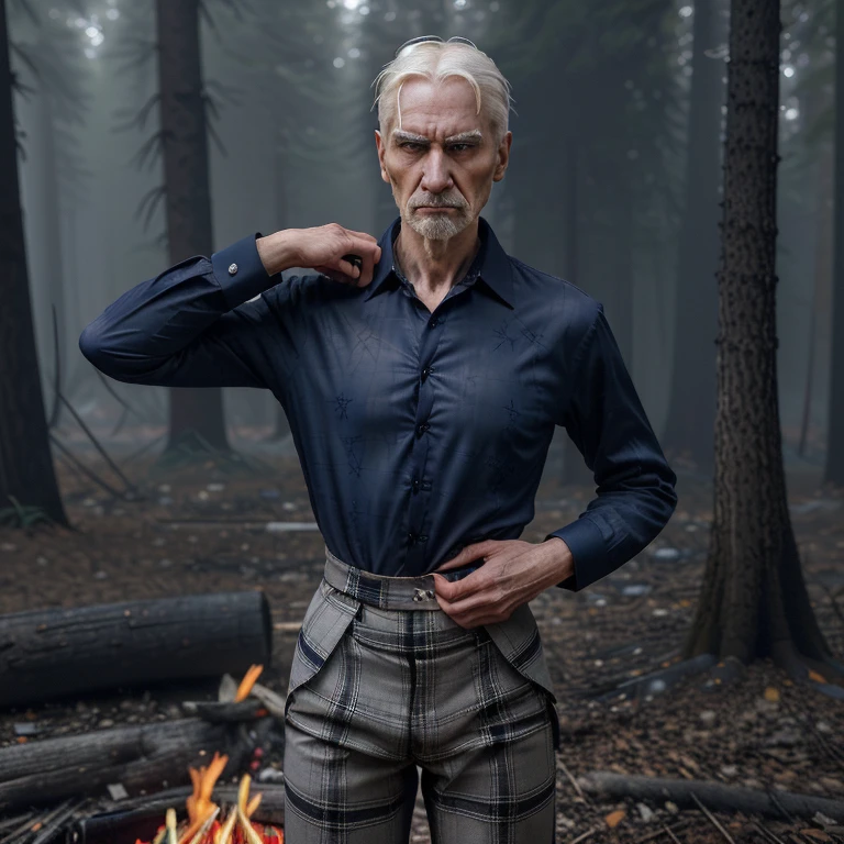 An old man with white hair, a slender face, fierce eyebrows, a prominent nose, a thin figure, wearing a dark blue shirt with no collar, open chest, and a white and red plaid pattern. Torn on the forehead and waist, wearing black flared pants, holding a rifle, standing in the forest with a bonfire.