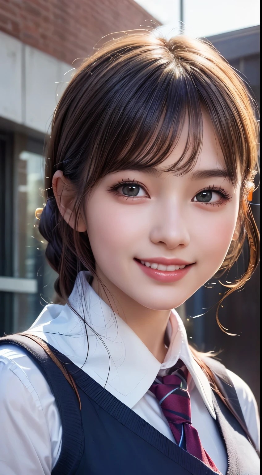 1 girl, very cute, wonderful face and eyes, (nice nice smile), (Highly detailed beautiful face), bright and glossy lips,  please keep looking at me, super beautiful, (school uniform:1.3), (highest quality:1.4), (hyper quality), (Super detailed), (surreal, Photoreal:1.37), real skin texture, Highly detailed CG integrated 8k wallpaper, RAW photo, professional photos, cinematic lighting,