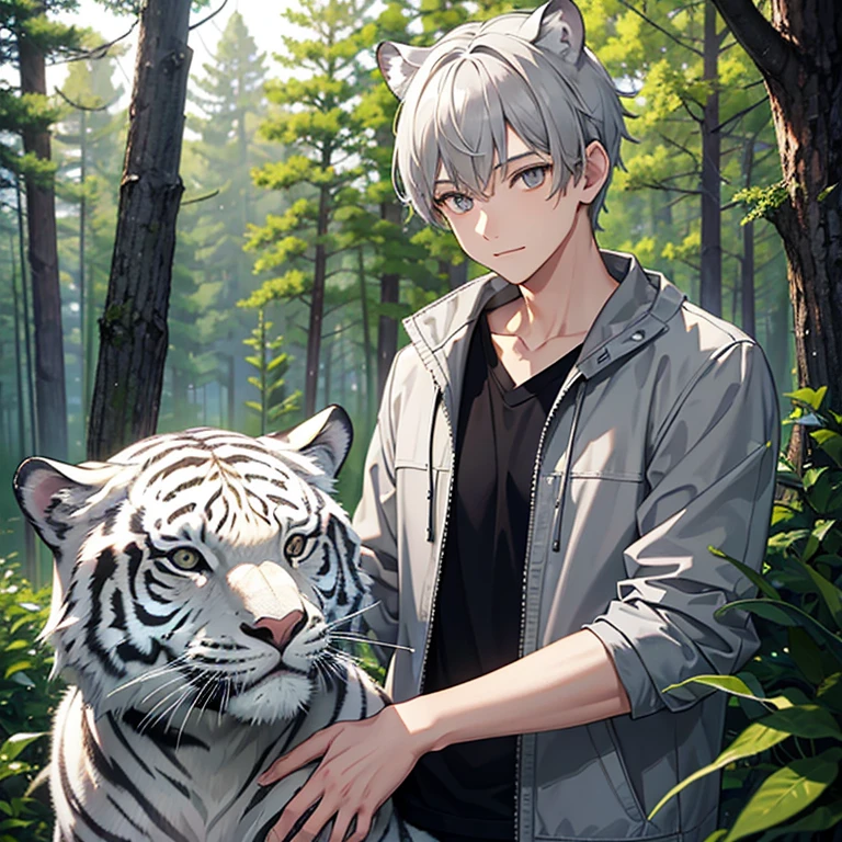 masterpiece, best quality, cabin, forest, outdoor, looking at viewer, upper body, 1boy, grey hair, male hair, white tiger ears, grey eyes, light grey t-shirt, dark grey jacket, short sleeves, light smile