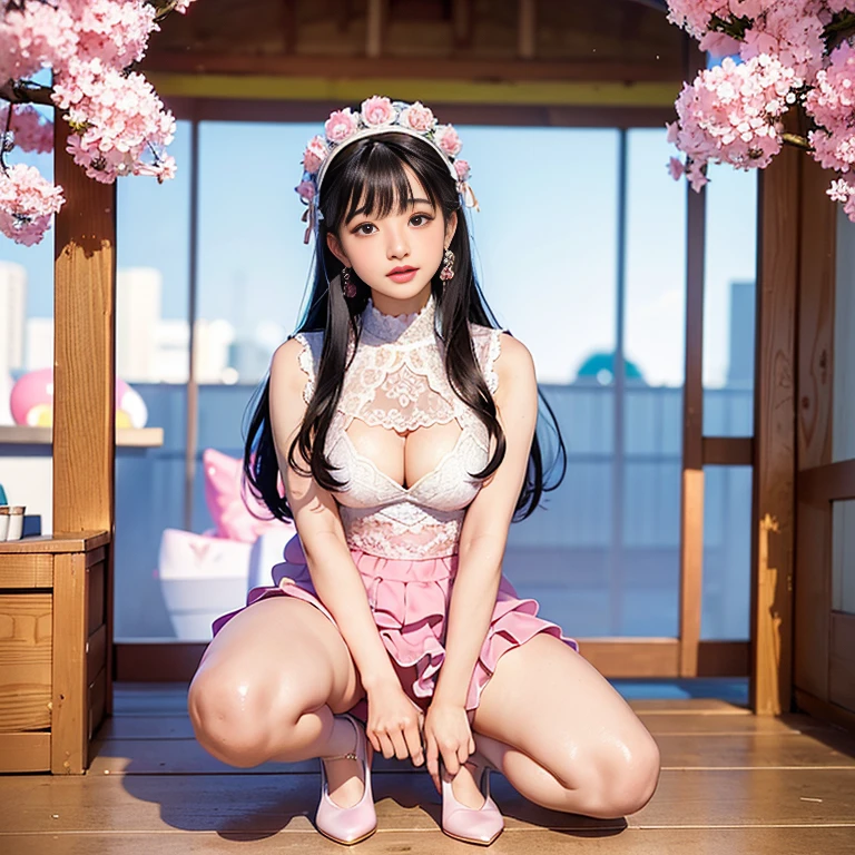 best quality, masterpiece, lifelike, 1 girl, alone, eternal, black hair, Long curly hair, blunt bangs, Smile, pink skirt, pink ta dress, layered skirt, Lolityle long skirt,分層連衣裙 lace-trimmed 裙子, decorate, lace, long sleeve, puff sleeves, wide sleeves, Transparent sleeves, hair accessories, 在flower园里, flower, Detailed background,  delicate face，pink blush，white及膝襪, Pink shoes，cold，Lots of lace，((​masterpiece))、(top quality)、8K、high detail、super detailed、 21 years old female，穿着pink lolita d((dreamy atmosphere:1.1))、Seductive and whimsical style、​masterpiece、born、Scenes resembling fairy tale illustrations、intricate details展示了洛丽塔礼服的荷叶边和复杂的设计、capricious、 beautifully、Dream aesthetics、「𝓡𝓸𝓶𝓪𝓷𝓽𝓲𝓬、ethereal、charming、fickle、magic」、realism、Visual effect、FXAA、SSAO、shader、voiceless、ambient lighting、Tone mapping、High resolution、ultra high definition、megapixel、(8K resolution:1.10)、8K、8K resolution、high detail、intricate details、 (high quality:1.2、​masterpiece:1.2、:1.21)、(21 years old female:1.21)、(興奮地Smile)、(Surrounded by the dreamy atmosphere of an amusement par色洛丽塔连衣裙、Her eyes were full of surprise and joy、I took a lot of geek photos、High heel、Model diagram，full-body shot，Knee-high white的 lace socks,Sweet Lolita，Normafeet，Pink shoes，Baotou shoes，full-body shot，不要exposed你的手指，Emphasize the volume of the skirt，exposed，huge breasts，white,The skirt flew up，spread your legs，low cut，Expose panties，hair accessories，big skirt dress，Looking up diagonally, I can see my underwear.