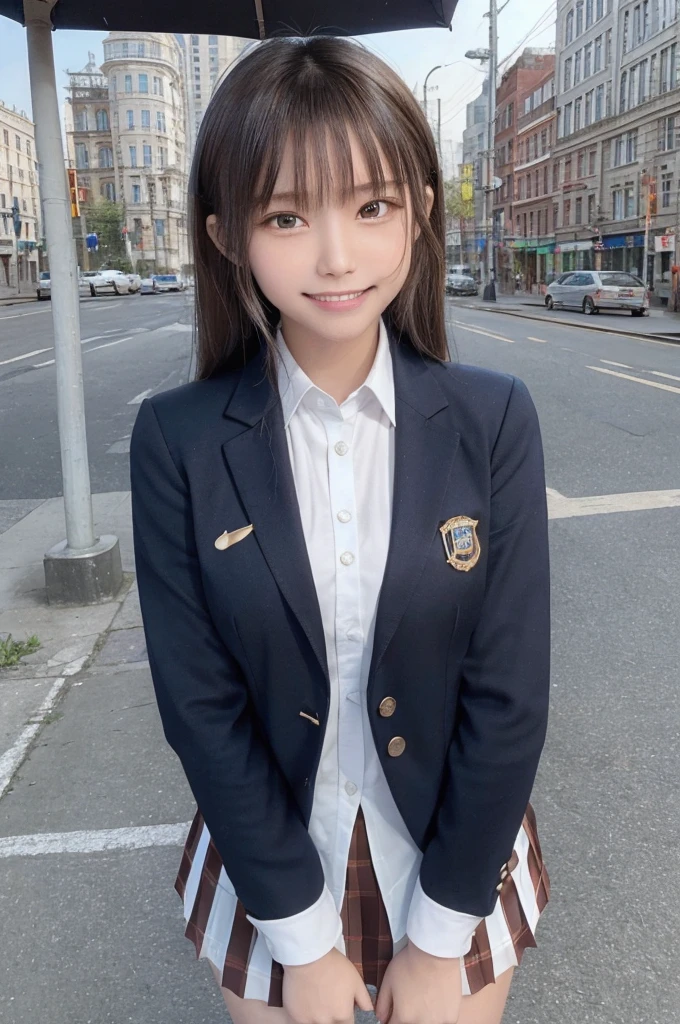 masterpiece, highest quality, High resolution,super detailed, amazingly beautiful woman,１girl, (beautiful girl, Delicate girl:1.3), (:1.4), break, (blazer school uniform:1.3), break, extremely fine-grained clarity, (symmetrical eyes:1.3), break, (In the city while going to school:1.3), break, small breasts, brown eyes, ponytail, brown hair, (Eye and face details:1.3),break, (A smile that shows white teeth:1.3),