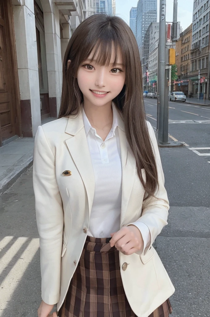 masterpiece, highest quality, High resolution,super detailed, amazingly beautiful woman,１girl, (beautiful girl, Delicate girl:1.3), (13 years old:1.4), break, (blazer school uniform:1.3), break, extremely fine-grained clarity, (symmetrical eyes:1.3), break, (In the city while going to school:1.3), break, small breasts, brown eyes, ponytail, brown hair, (Eye and face details:1.3),break, (A smile that shows white teeth:1.3),