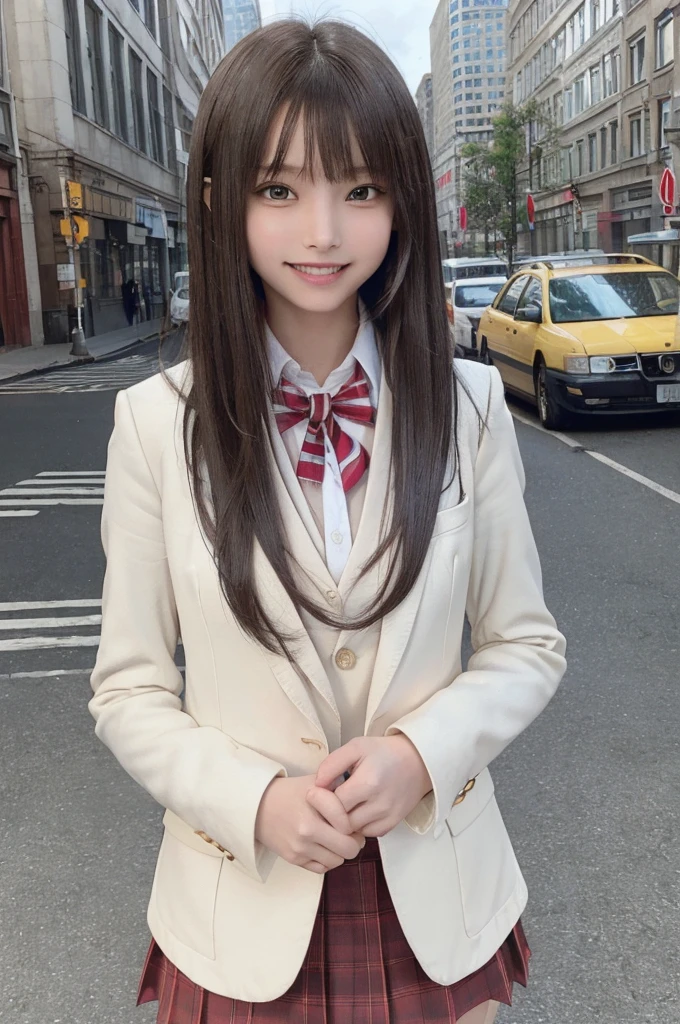masterpiece, highest quality, High resolution,super detailed, amazingly beautiful woman,１girl, (beautiful girl, Delicate girl:1.3), (13 years old:1.4), break, (blazer school uniform:1.3), break, extremely fine-grained clarity, (symmetrical eyes:1.3), break, (In the city while going to school:1.3), break, small breasts, brown eyes, ponytail, brown hair, (Eye and face details:1.3),break, (A smile that shows white teeth:1.3),