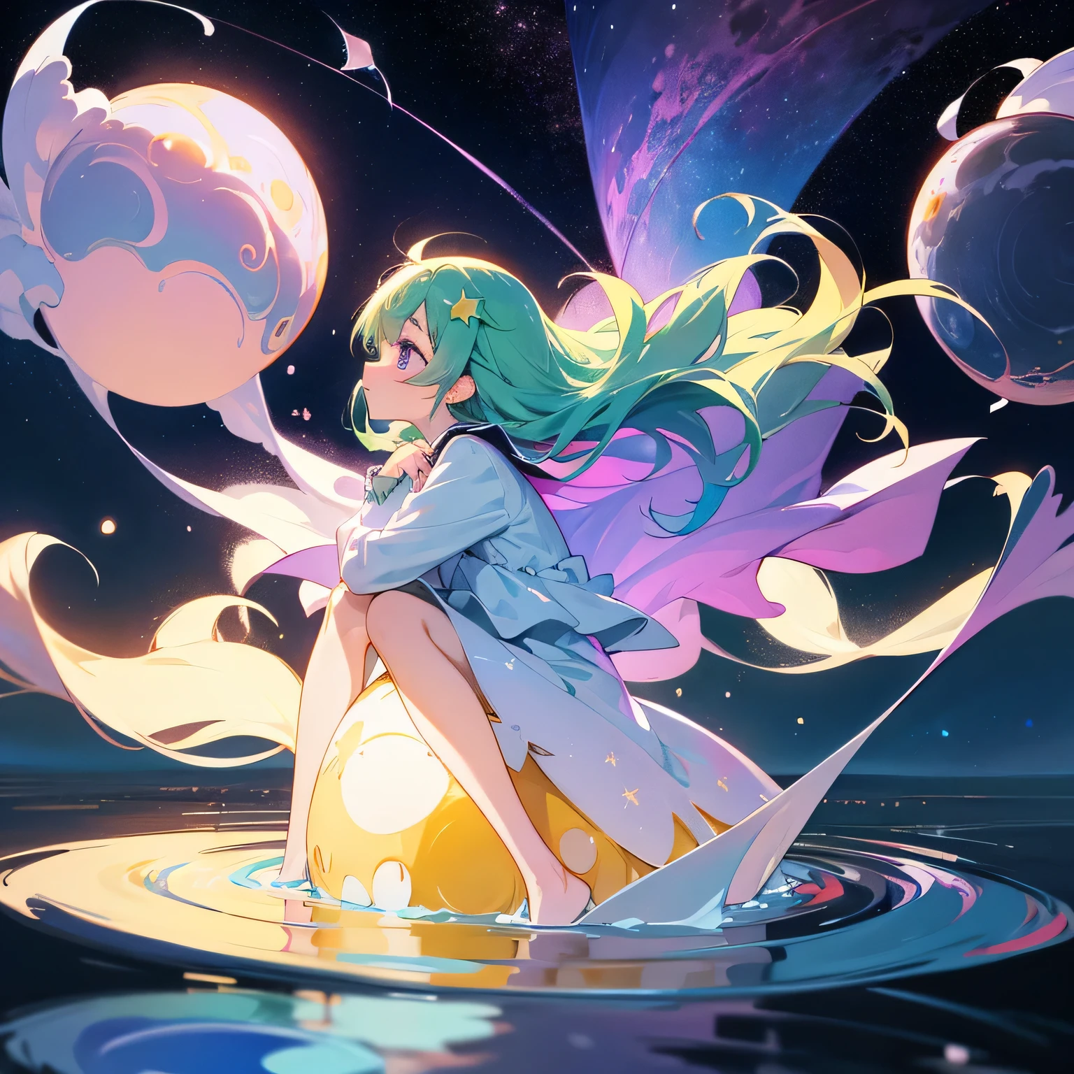 low resolution,fluffy,Sitting on the moon,Magical girl,highest quality, masterpiece, ultra high resolution, pretty face, flat design, Shoshi no Ko, hoshino ai, simple background, giant shining cute star, Jiyu, colorful, cute girl standing in water, background starry sky, huge full moon, water ripples, Beautiful simple flowing light blue dress,light green hair,light purple eyes