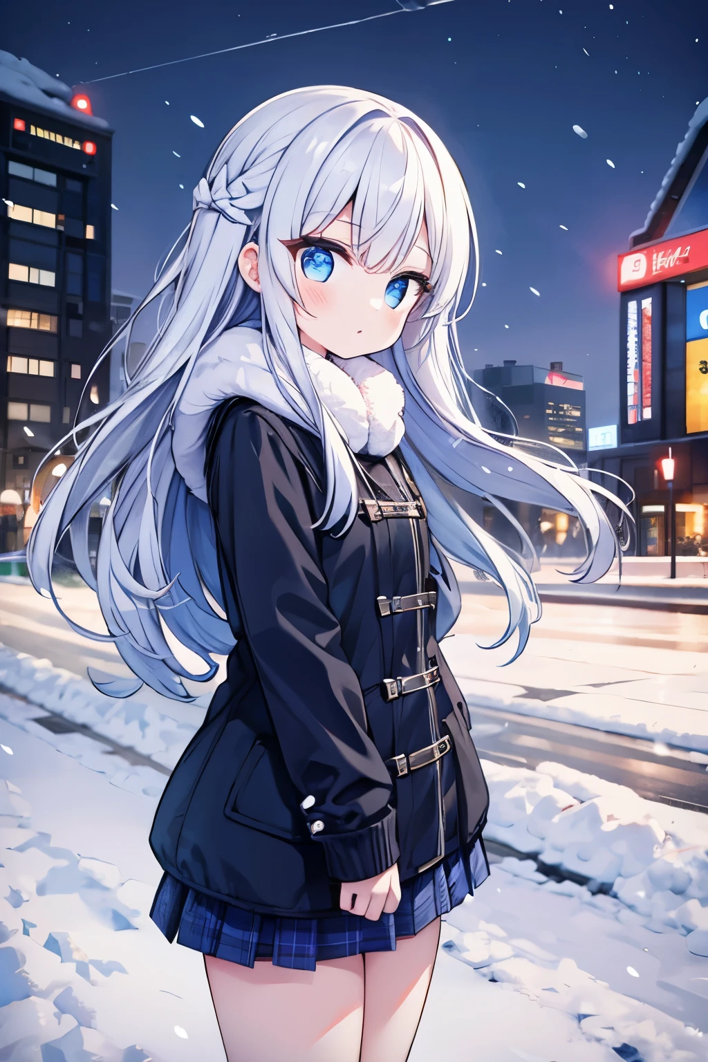 1girl, long hair, blue eyes, twintaill, jacket, winter, snow, city, korea, seoul, high res, ultrasharp, 8K, masterpiece