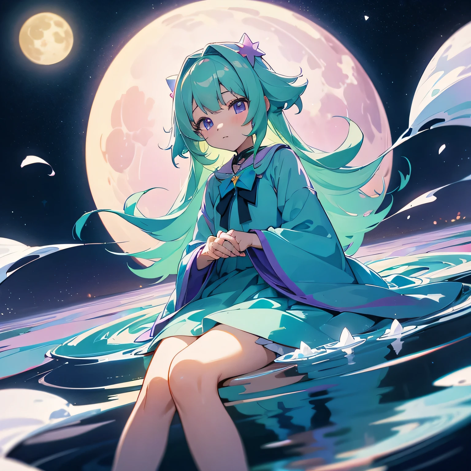 low resolution,fluffy,Sitting on the moon,Magical girl,highest quality, masterpiece, ultra high resolution, pretty face, flat design, Shoshi no Ko, hoshino ai, simple background, giant shining cute star, Jiyu, colorful, cute girl standing in water, background starry sky, huge full moon, water ripples, Beautiful simple flowing light blue dress,light green hair,light purple eyes