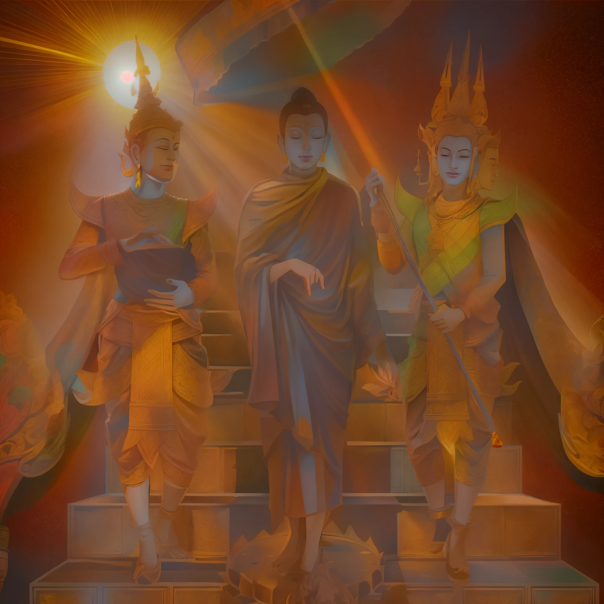 there are three men standing on a set of steps with a sun in the background, buddhism, buddhist, samsara, puṣkaracūḍa, the buddha, attractive male deity, nivanh chanthara, patiphan sottiwilaiphong, on path to enlightenment, artist unknown, 3 spring deities