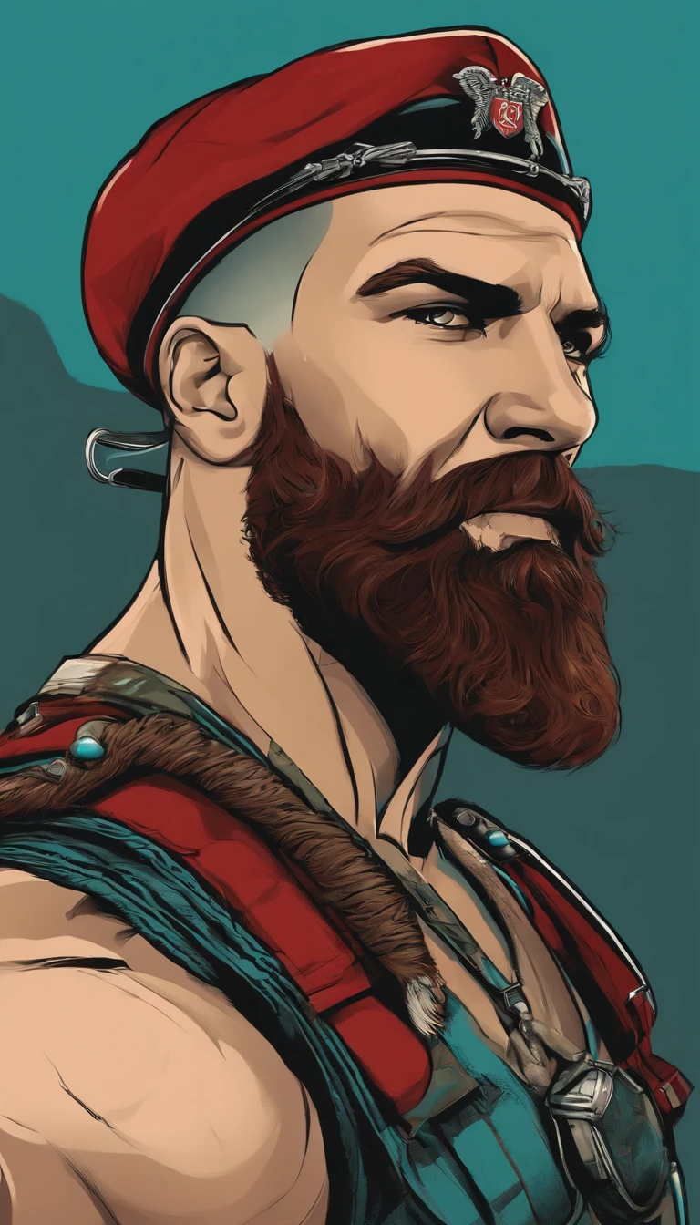 Olhar sombrio, veste militar elite, tattoo body, muscle body, barba grande, submundo, red and turquoise explosion, guerra, campo de batalha,  sozinho, chuve leve, dirigivel coca cola caindo, armamento pesado 