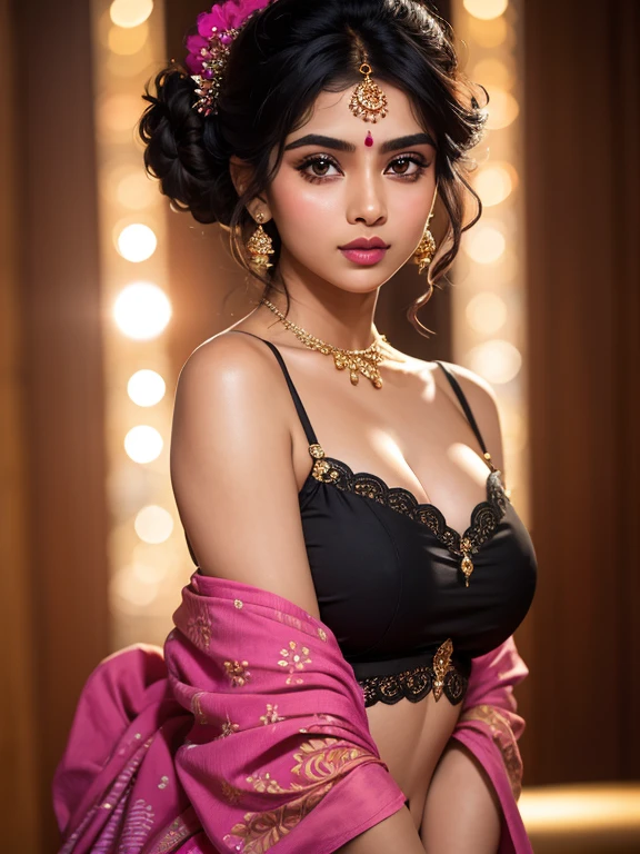  25 years old sexy indian girl round innocent childlike face in magenta off shoulder top very cute glowing face, innocent face, party girl, drama queen, tantrums,
(ultra realistic,32k, masterpiece:1.2),(high detailed skin:1.1),( high quality:1.1), looking at viewer, (beautifully lit:1.1), blurry background, black puffed bun hair, bangs, (pink lips:0.9), medium breasts:(0.5) mascara, magical eyes, posing like a goddess