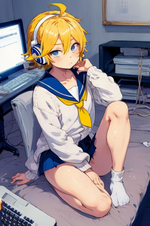 kagamine_len, sparkle, blonde_hair, keyboard_(computer), sitting, sailor_collar, yellow_nails, spiked_hair, headphones, 1boy, chair, male_focus, blue_eyes, black_sailor_collar, cardigan, knees_up, looking_at_viewer, monitor, shirt, headset, nail_polish, white_shirt, indoors, yellow_necktie, hand_on_own_knee, solo_focus, :<, sweater, sweat, mouse_(computer)