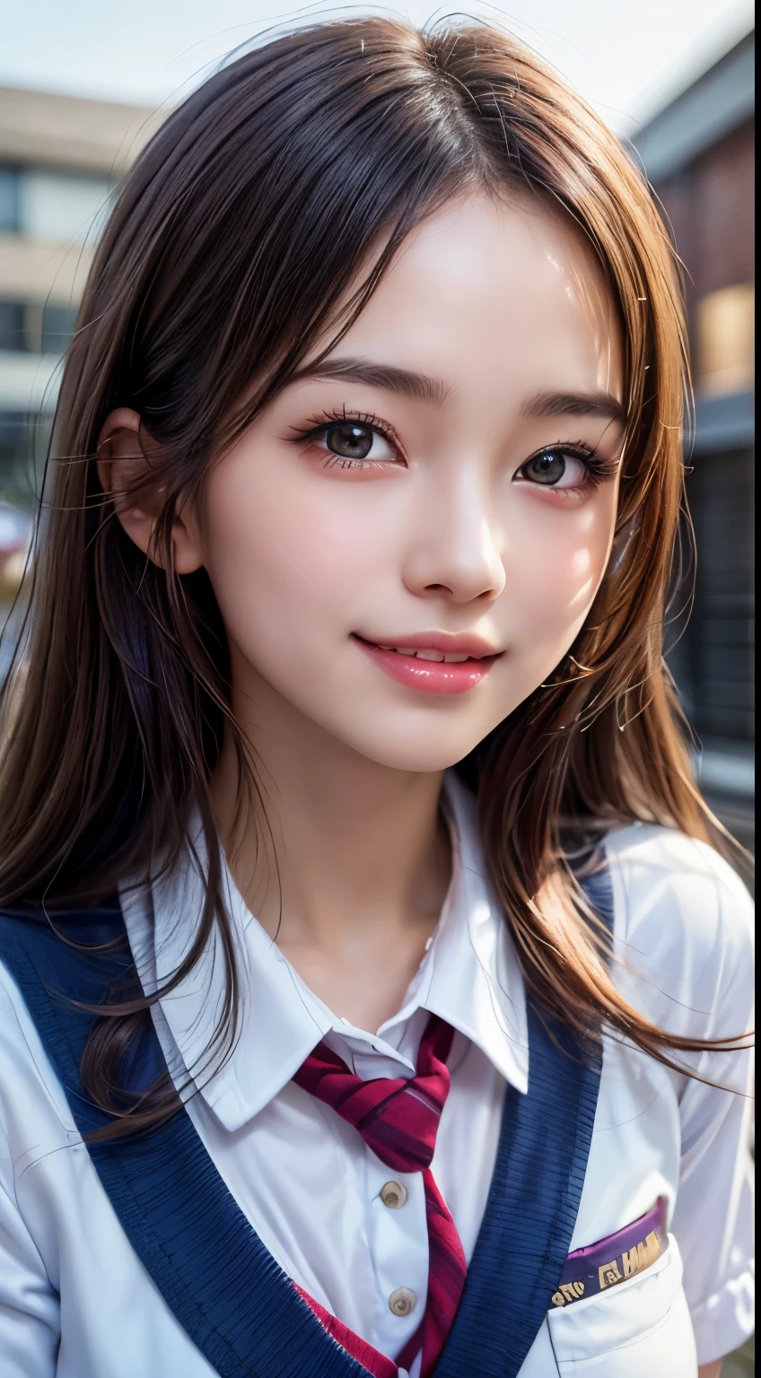 1 girl, very cute, wonderful face and eyes, (nice nice smile), (Highly detailed beautiful face), bright and glossy lips, please keep looking at me, super beautiful, (school uniform:1.3), (highest quality:1.4), (hyper quality), (Super detailed), (surreal, Photoreal:1.37), real skin texture, Highly detailed CG integrated 8k wallpaper, RAW photo, professional photos, cinematic lighting,