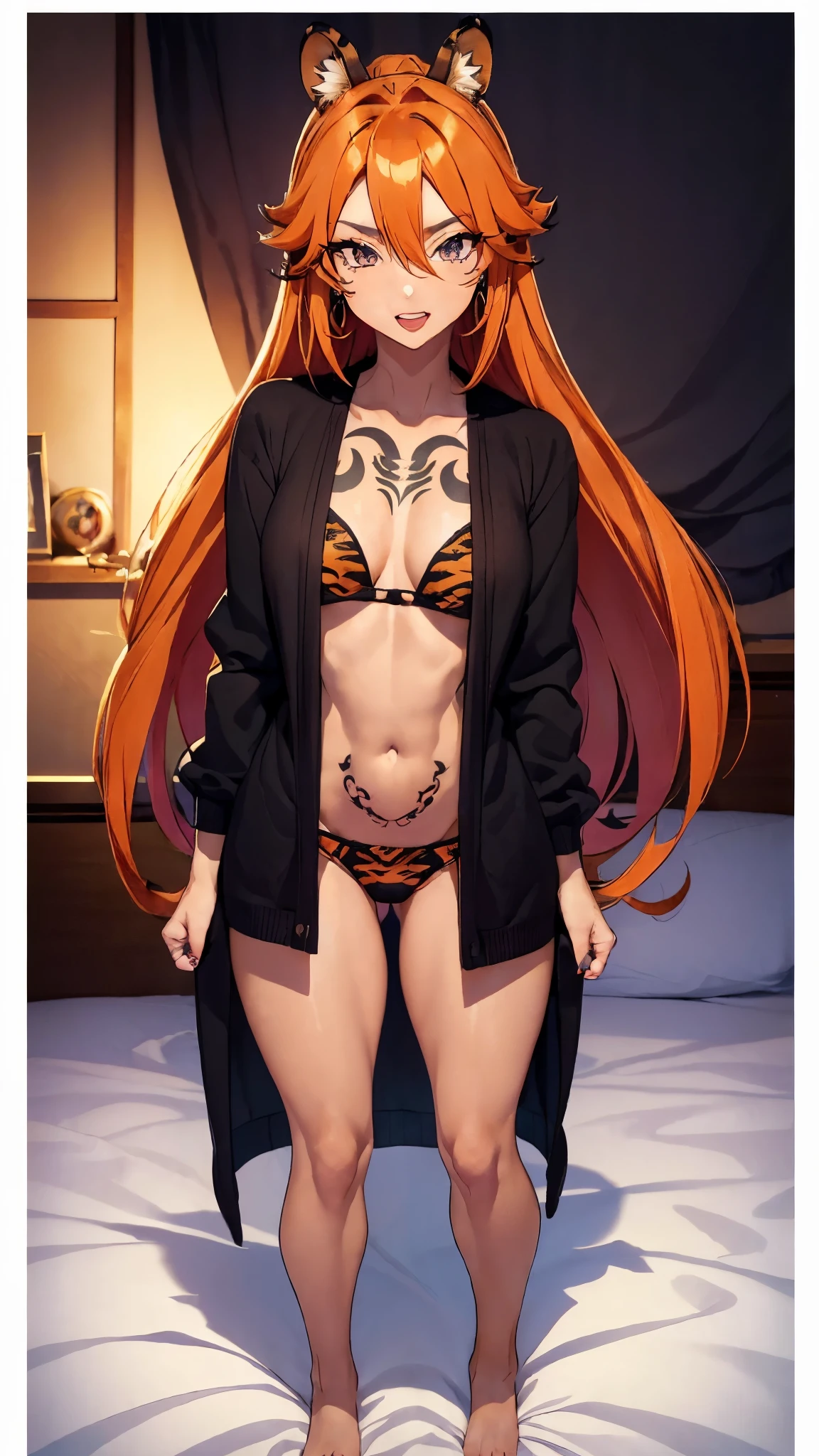 ((8K resolution))、((highest quality))、((masterpiece))、((Super detailed))((((dramatic))), (anatomically correct)、Depth of object being written、look at the camera、one person、one personの女性、front、(pillow design),warrior、tanned skin,eight-headed body, amount,long hair、black and orange hair、stuck out tongue、lure、earrings、舌earrings、ギザギザのteeth、(八重teeth)、teeth、brown eyes、long nails、tattoo、(theme、whole body:1.1), long cardigan、panties、tiger ears、tiger pattern、tiger tail、(background:bed sheet)