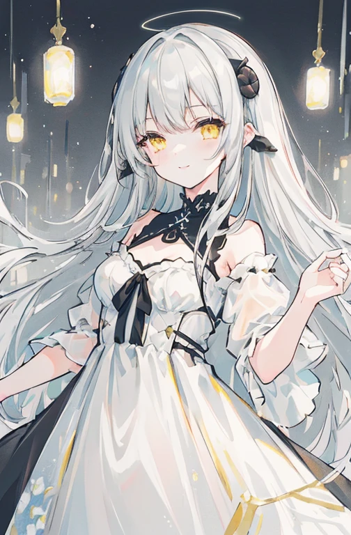 ((masterpiece)), ((top quality)), (Amazing Desinger), (best artist), (Best illustrated scenery), (best performance), (4K Full HD), (nffsw+), (1 girl) (for a long time)gray hair, (Glowing yellow eyes), (amazing)Starry side landscape painted in artistic and cinematic tones - Mayna pastel style - V5(animation illustration)、sheep horn、cute smile、depth of field、black dress、(beautiful black dress:1.4)、dress color:black