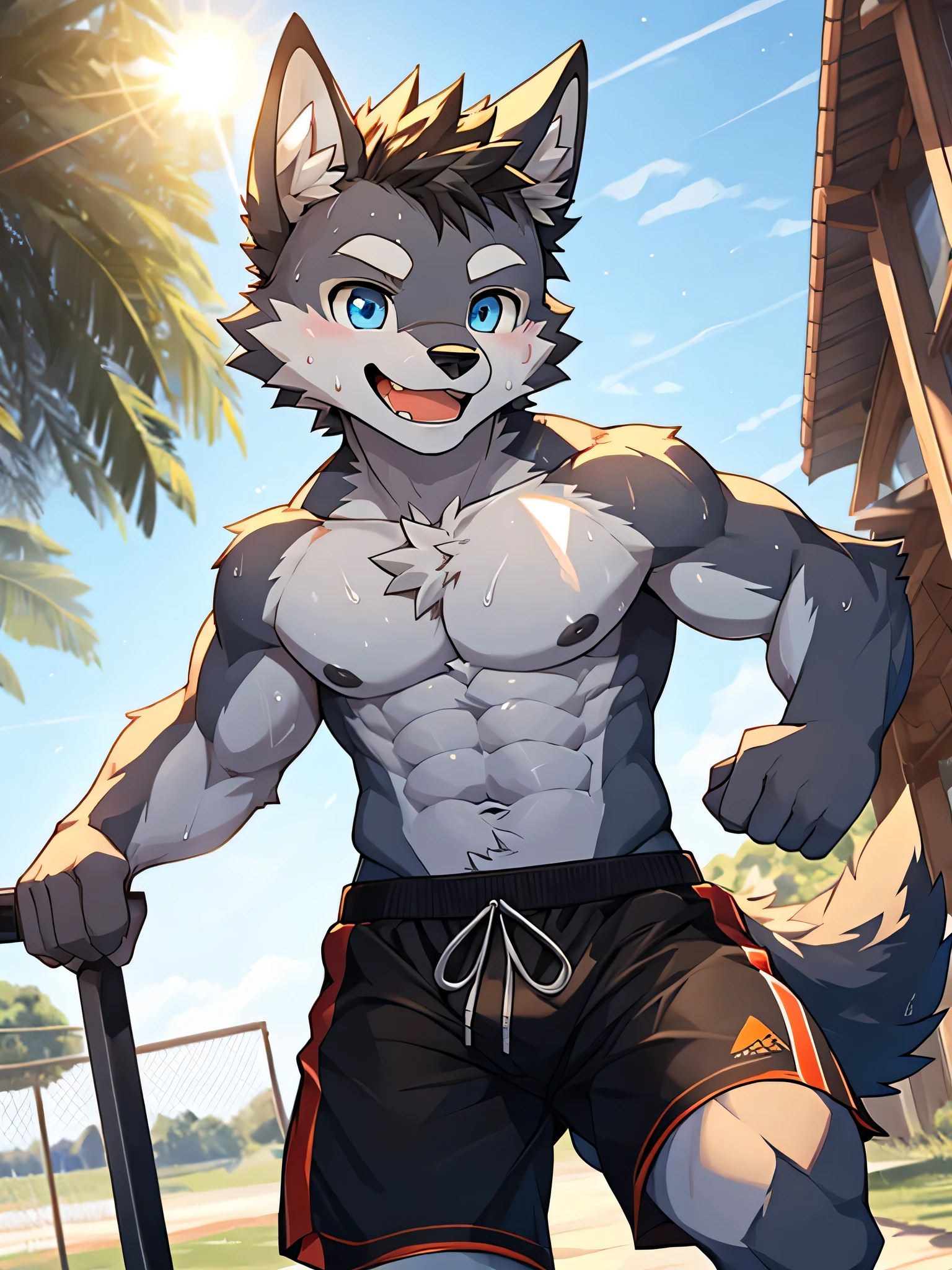 Furry, solo, Outdoor, Sports Training ,sunny, happy, Shota, cute, boy, A wolf with white fur and Grey on its body, blue eyes, black eyebrows, without clothes ,Grey nipples, Wear exercise shorts, There is clearly sweat on the body, The crotch of the pants is clearly bulging, Smiling faces ,(Maximum Fineness, Dynamic HDR, 8K, FULL HD)