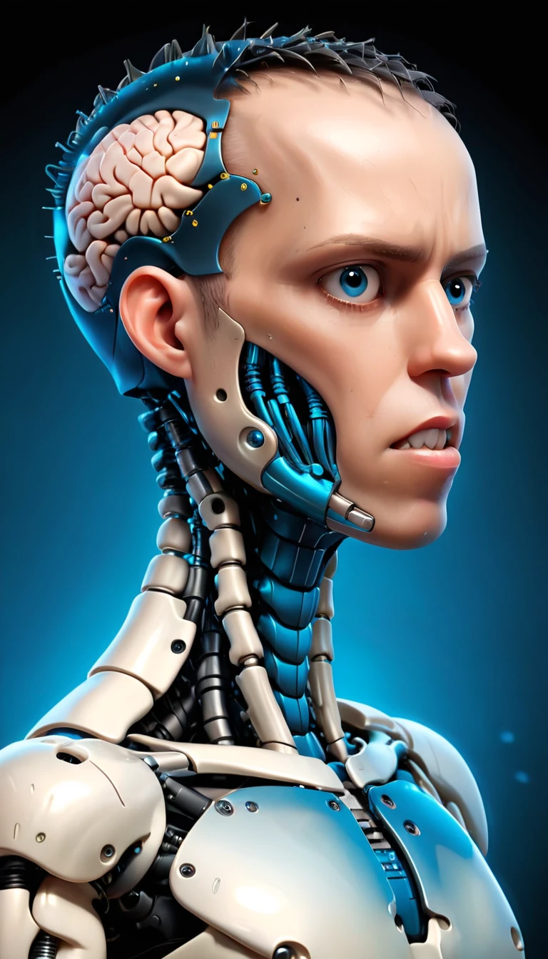 coopie, (Complex Professional 3D rendering:1.3) of (Ultra detailed:1.3) side profile, xray diagram deconstruction of a cyborg brain to machine interface, Highly detailed, Depth, Many parts, Lumen render, 8k x-ray style translucent bald head, clear skin, synthetic bone, blue Xray style on a pure black background,CGSociety,ArtStation