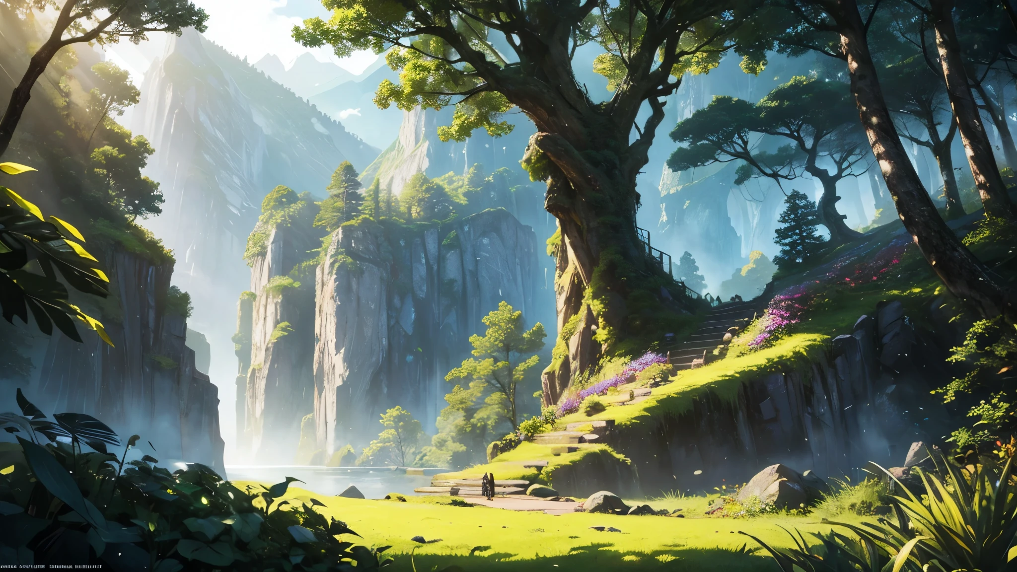 highest quality: 1.0), (ultra high resolution: 1.0),illustration、fantasy、background、landscape、in a mysterious forest、majestic mountain、sunlight filtering through the foliage