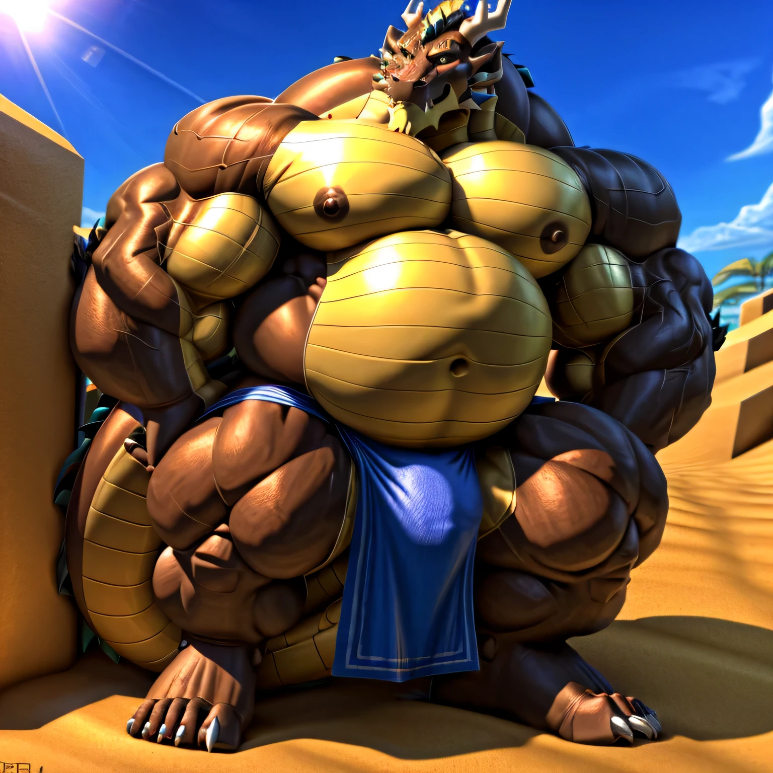 shendu, eastern dragon king, male dragon, eastern dragon,hefty body, with very big muscles, hulking, huge, colossal body, extremely strong, big abdominal muscles, hefty musclegut, pecs, Strong and robust musclegut , prominent muscle abs, sharp claws, legs, feet, full body, loincloth, HDR, nipples, sunlight, daylight, outdoor, bright , at noon, good weather, 4k, best quality .