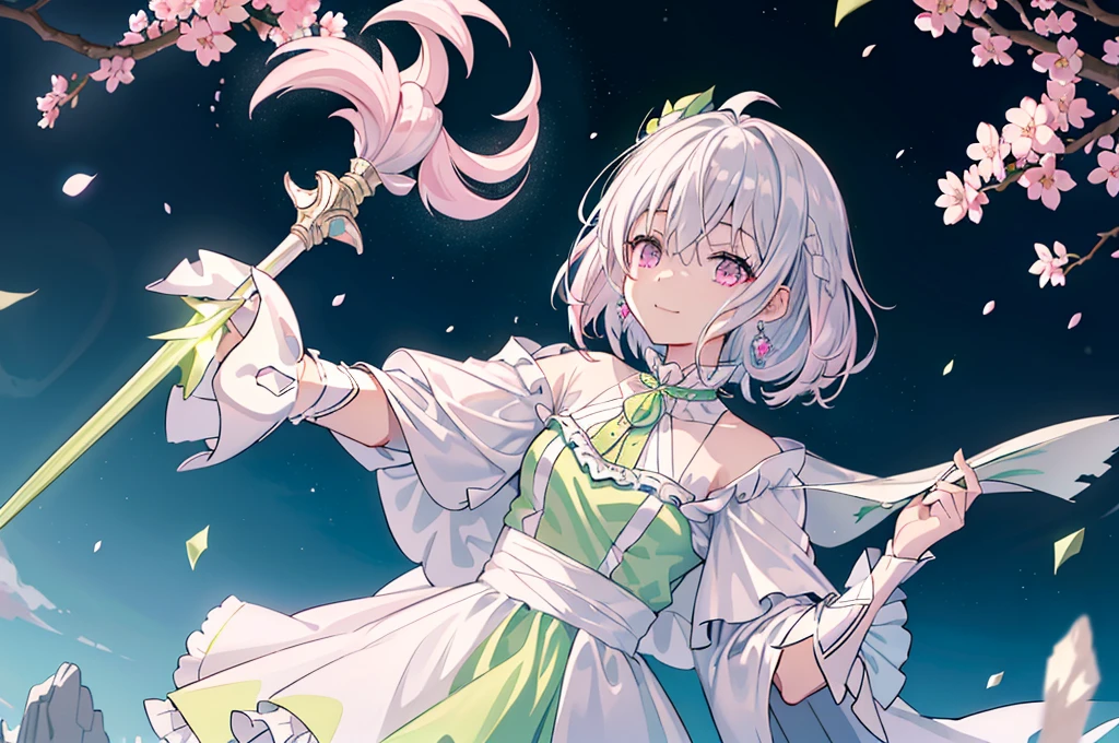 (best quality), (top-quality), (hight resolution), 8K images, (masterpiece), ((perfect face)), (detailed face), (detailed eyes), (clear lines), hair strand,Light skin, ((1girl)), (solo), beautiful fantasy anime, top rated on pixiv, ((short hair)), (expressive eyes), (perfect eyes), (((light_pink eyes))), perfect face, smiling, (white silver hair), (white hair), braided bangs, wind blowing hair, hair over eyes, earrings, {{{{{{{super flat chest}}}}}}}, {{{{{{{flat chest}}}}}}}, (flat chest), ((holding an magical ice scepter)), (aiming), (little silver tiara), (((lime green dress))), (((lime green outfit))), ((cape)), (frilly outfit), (ta style), (loliashion), (cherry blossom), (many crystals), vintage style, (broken crystals), (in a gemstone sea), (night sky with full of stars), (magic circles), game spash art, fantasy, modern art, cool light --ar 3:2, (wide shot), excited pose