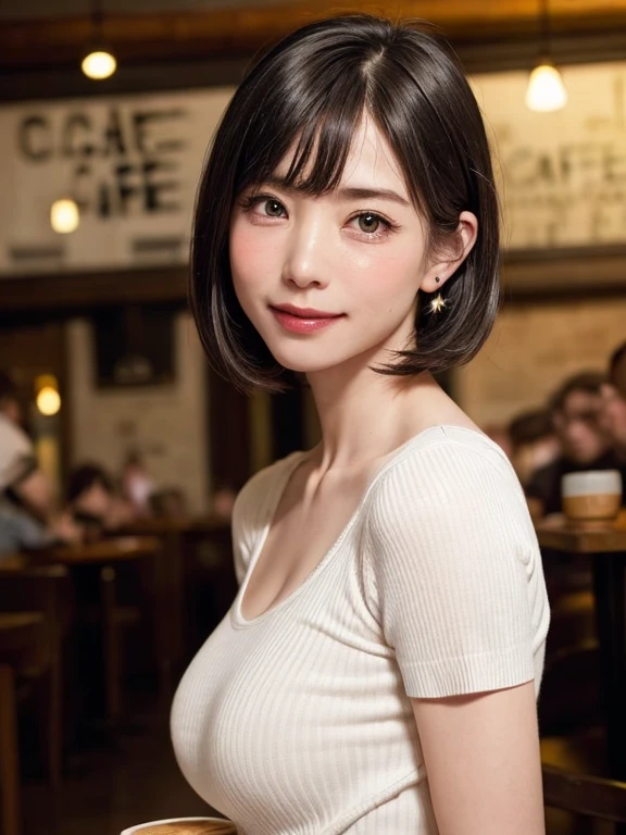 (masterpiece, highest quality),1 girl, alone, ((white knit)), crying bokuro, realistic, realistic, looking at the viewer, light colored black eyes, Brunette short bob hair with highly detailed shiny hair, short hair:1.8、Winter clothes, Whity, lips, bangs, outdoor, closed mouth, Upper body、Big eyes、eyelash、((Cafe:1.8))、(((bangsのあるshort hair、Big eyes、big and full breasts、look at the audience、beautiful beauty、show me your ears、long neck、smile