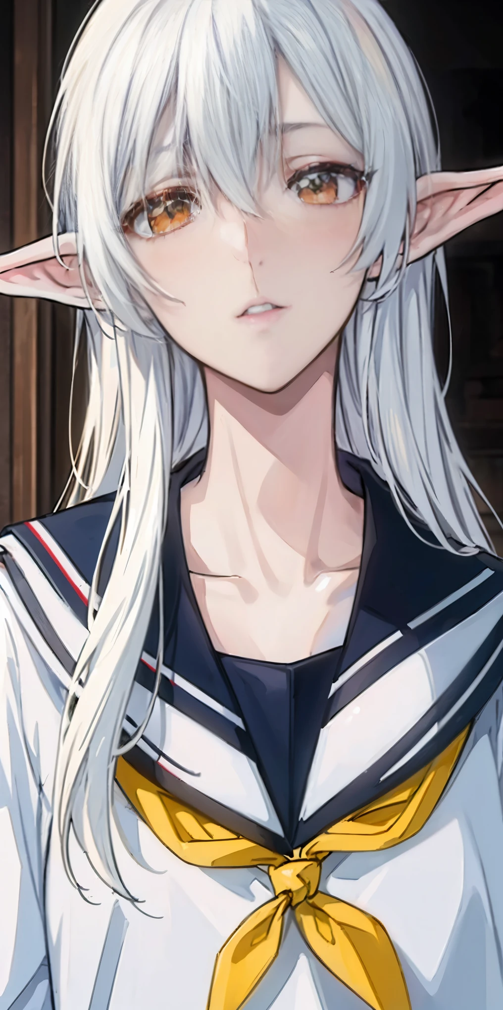 masterpiece, best quality, high quality,Erwin,elf,long hair, white hair, yellow eyes,(serafuku:1.5)