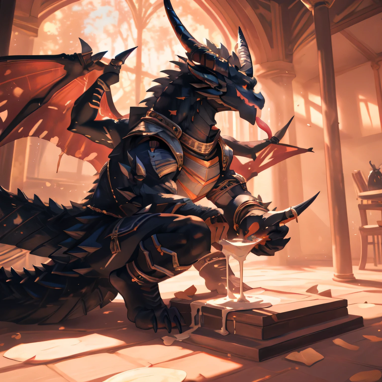 alone, (muscular), (Male human dragon):1.3, Bright scales, (Kamimei):1.3, (Common:1.4) (prayer):1.23, (，Wears a short white loincloth）, exquisite eyes, lizard tail,A pair of dragon horns, A pair of dragon wings, (exquisite eyes，stripe，sharp claws，Cute animal paw，Sticking out tongue，sloppy person，Liquid spilled all over body，Air leakage in lower body，Fluid leaking from the lower body，Milk spilled all over the floor，glowing eyes):1.1, (In the room:1.35), In the bedroom，Squatting on the bed，dim，be licked，enjoy，obsessed， Face turned red，collar，Submit to，petting，drunk，Smile，enjoy，looking at camera，Submit to，having fun，Detailed background，realistically，realistic hand，8k high dynamic range，（shadow，wide dynamic range，high dynamic range，emphasize：1.2）