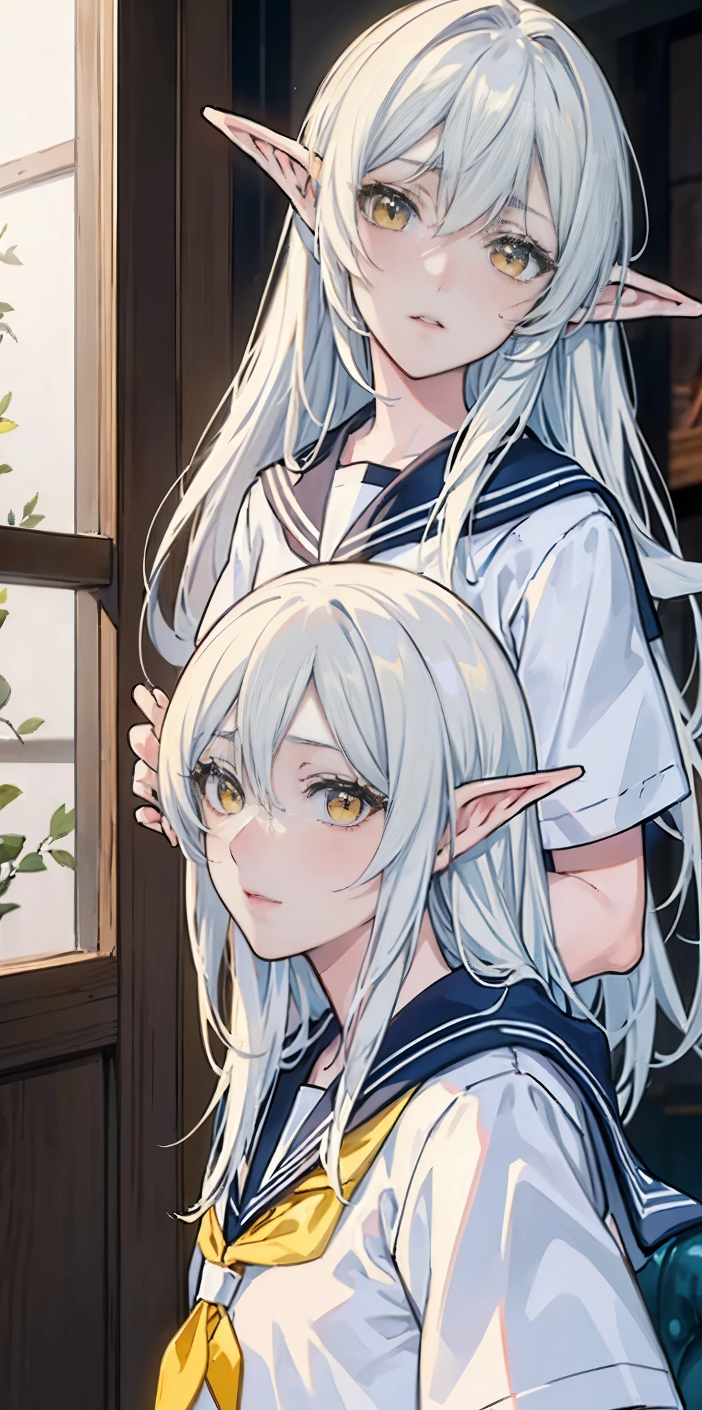 masterpiece, best quality, high quality,Erwin,elf,long hair, white hair, yellow eyes,(serafuku:1.5)