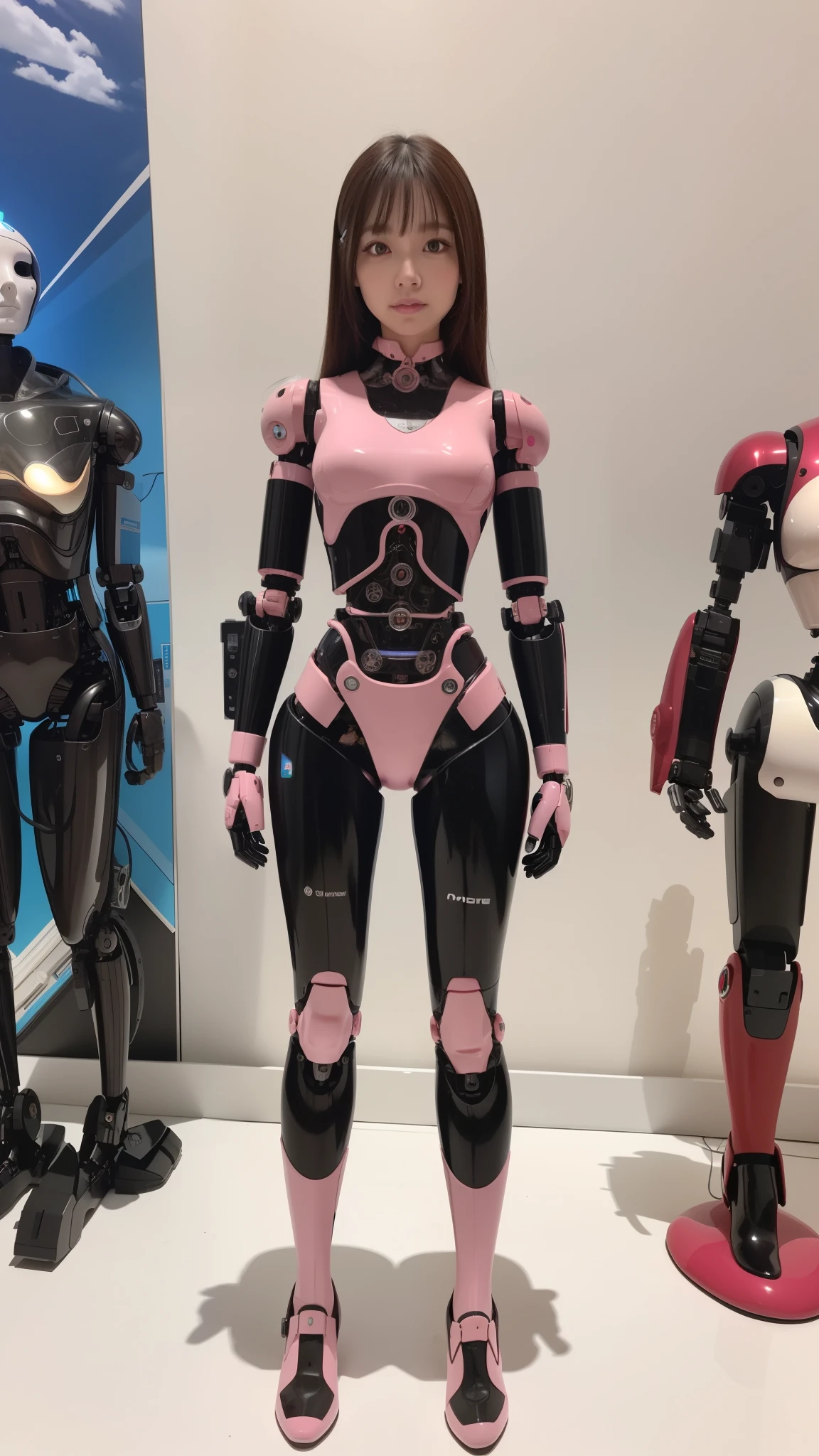 masterpiece, best quality, extremely detailed, (8K, 4K, Best Quality, Hight resolution, 超A high resolution:1.1), 8K portrait,1girl in, Japanese android girl, android teacher, control panels, android, Droid, Mechanical Hand, ,Robot arms and legs, Black hair, Mechanical body, Blunt bangs, Pink Robotics Parts, perfect robot woman, Charging spot, Long Tube, A thick cable was connected to her neck, ceramic body , android, robot humanoid, panty, full eyes, perfect mechanical body, pink robotics body, future assembly plant, Pink body, She has repaired, lack sponge joints, android assembly plant, android, laboratory, platform boots, perfect machine body, pink robot body