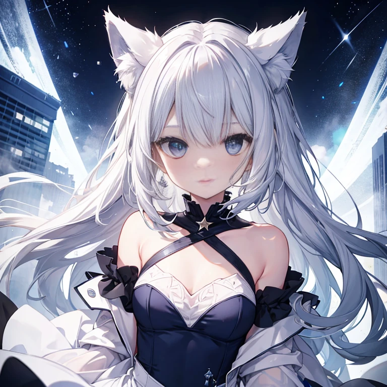 A wolf, navy blue eyes, silver hair, white dress, star