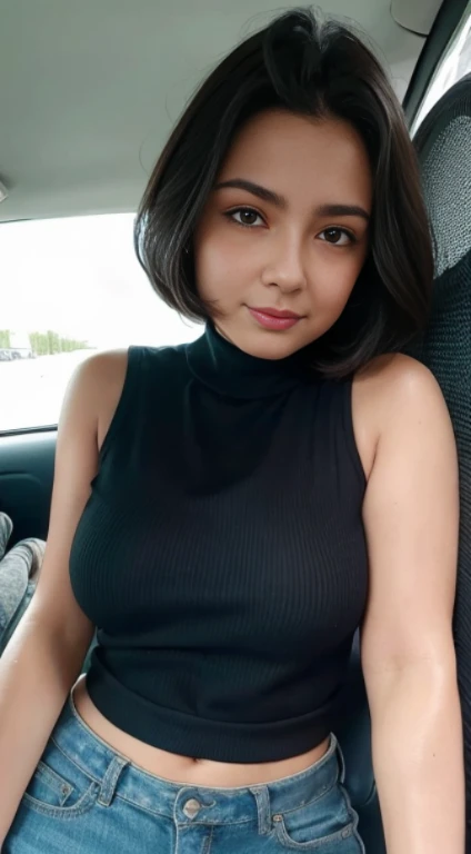 (masterpiece, best quality), beautiful pakistani woman, detailed sleeveless turtleneck top, pants, necklace, straight hair, medium , perfect face, beautiful face, alluring, big gorgeous eyes, open mouth, happy, perfect slim fit body, (outdoor), pakistani, bright colors , black top, red jeans pant